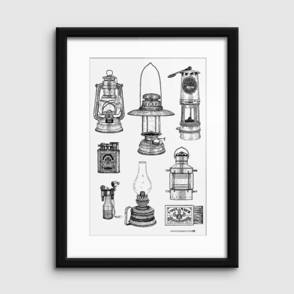 Maison Paula Affiche encadrée d'un dessin de lanternes et lampes vintages en noir et blanc