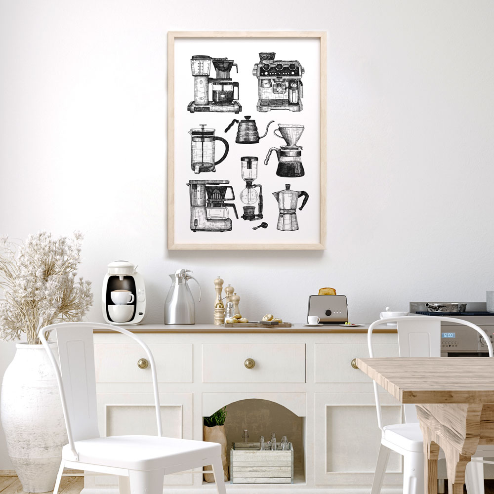 Maison Paula Affiche pour décoration murale représentant une collection d'ustensiles pour préparer le café