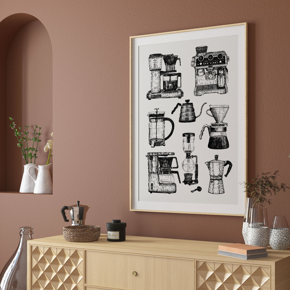Affiche de Maison Paula pour la décoration intérieure représentant un dessin original d'une collection de machine à café vintage