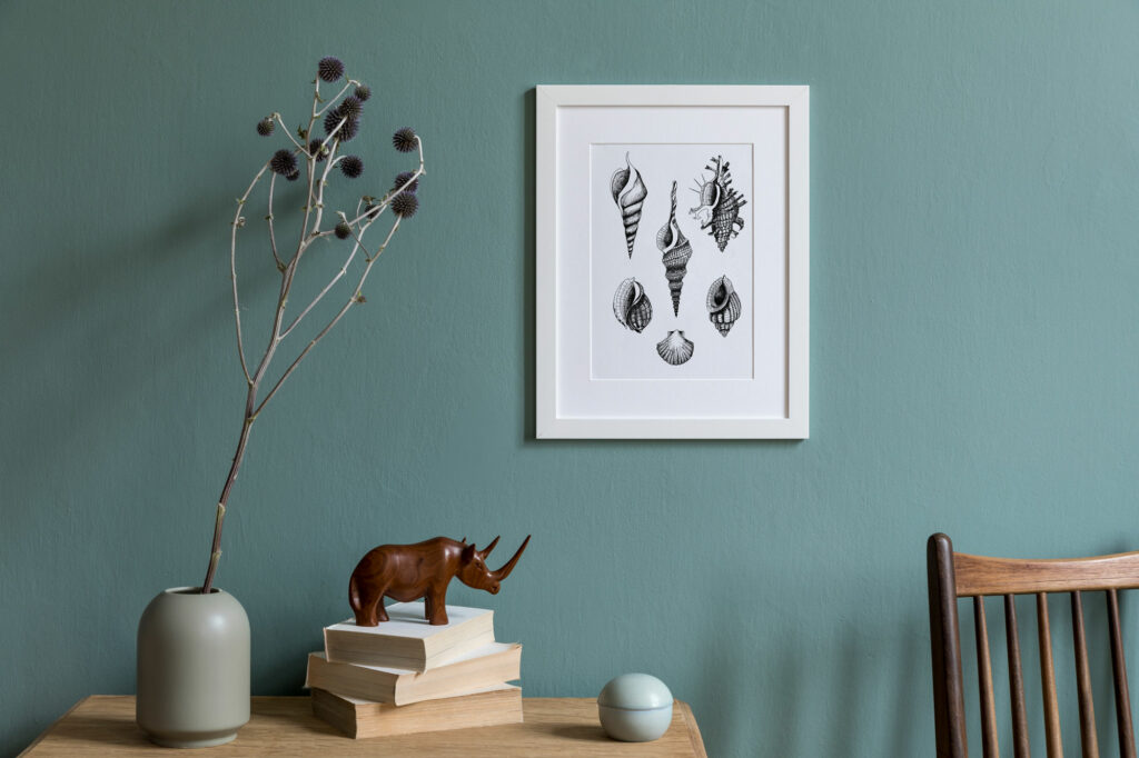 Affiche de Maison Paula pour la décoration intérieure représentant un dessin original d'une collection de coquillages en noir et blanc