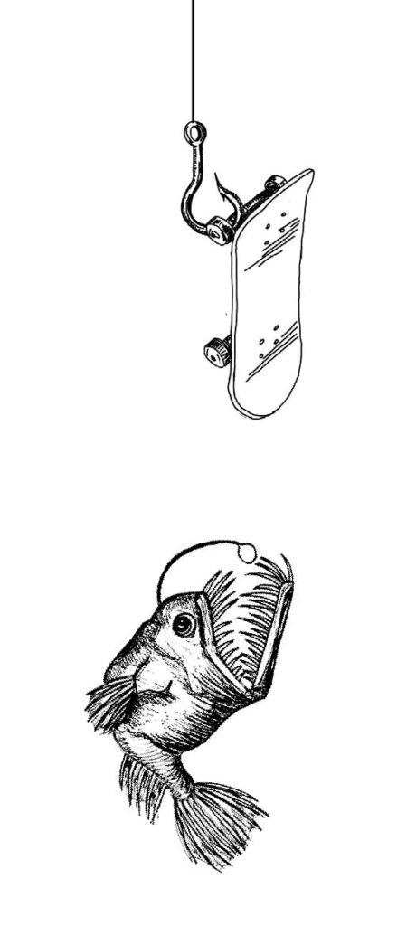 illustration poisson des abysses et skate board