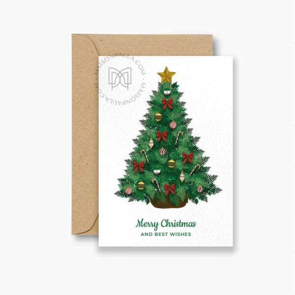 Carte de voeux Noël et nouvel an, avec un sapin de Noel bien décoré. Dessinée par Pauline de Maison Paula.