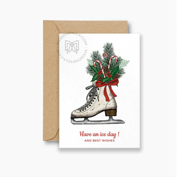 Carte de voeux Noël et nouvel an, avec un patin à glace bien décoré. Dessinée par Pauline de Maison Paula.