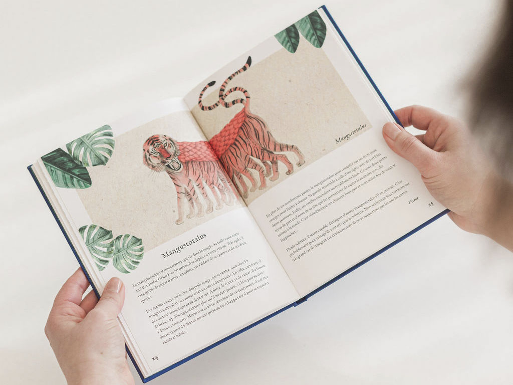 Illustration d'un album jeunesse, le bestiaire fantastique avec reliure artisanale