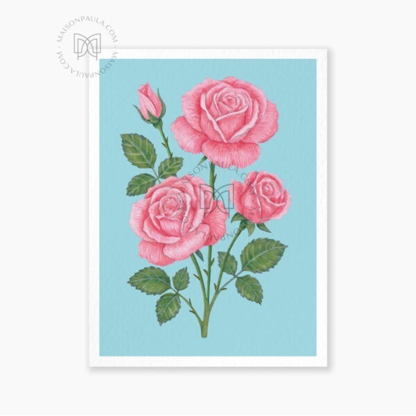 Affiche Fleur Rose - Fond bleu
